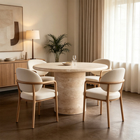 Petite table à manger en travertin, ronde, 91 cm, base sur piétement solide, style moderne, organique, luxe discret, table en pierre pour appartement AU
