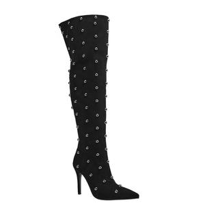 Grande taille 46 haut large pour grande cuisse femmes <span class=keywords><strong>daim</strong></span> sur les bottes au genou talons hauts chaussures d'hiver métal Rivets longs chaussons - Product Image 4