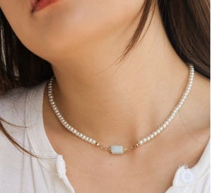 Collana Vintage all'ingrosso di perle e gemme acquamarina naturale grande girocollo di moda catena impermeabile gioielli donna imitazione - Product Image 5