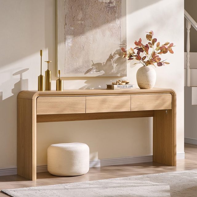 Sleek 3 Drawer Console Table with Smooth Curved Edges for Home Decor