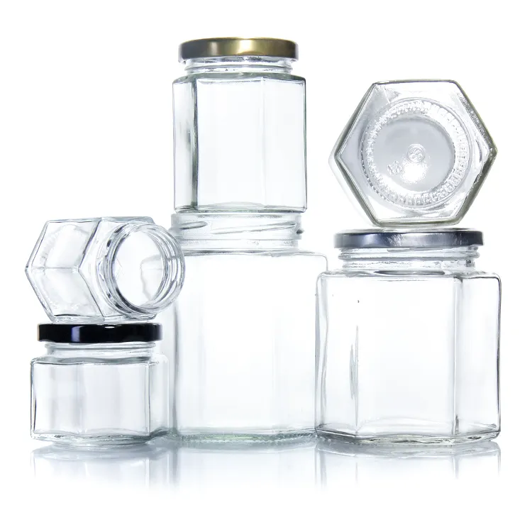 Wholesale 100ml 180ml 380ml Hexagon Glass Empty Bottle Glass Honey Jam Jar With Metal Lid