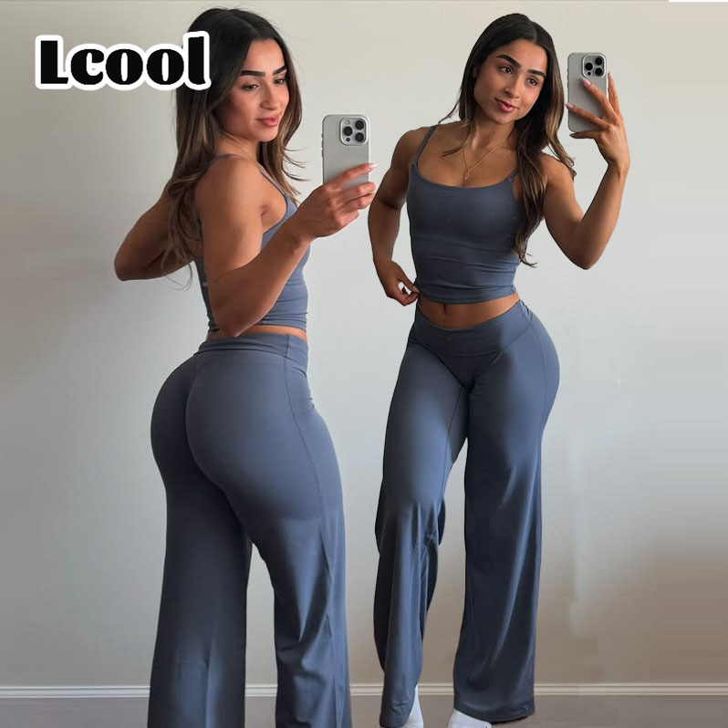 Lcool 2 Pieces Fitness Yoga Set Tight Top Vest Flared Pants High Waist Legging Hip Lifting Sports Suit Running Fitness Clothes