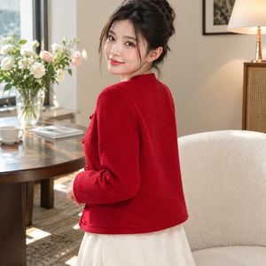 Women's <b>Red</b> Mandarin Collar Knitted <b>Cardigan</b> Full Sleeve Chinese Style Wool Winter Sweater Thick Hand Knitted Solid Color - Product Image 4