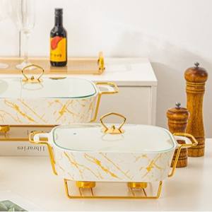 Plat de cuisson rectangulaire en céramique dorée, vaisselle, pot à soupe sèche pour hôtel, casserole créative, résistant à la chaleur légère - Product Image 4