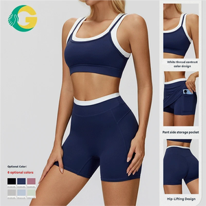 Conjunto Deportivo Gc Color Blocking de Cintura Alta con Bloques de Color Personalizados para Mujer, Sujetador Deportivo de Doble Capa, Leggings de Gimnasio, Pantalones Cortos a Rayas, Conjunto de Yoga - Product Image 2