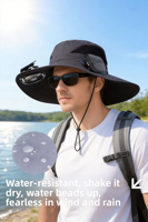 Chapeau solaire à large bord avec ventilateur intégré pour hommes et femmes, protection UV, chapeau d'été 100% polyester, idéal pour la randonnée et la pêche, activités de plein air