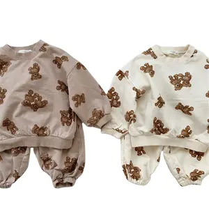 New designs kids bear print long-sleeve set clothes cartoon prints kids sweatsuits 95% cotton children's outfit