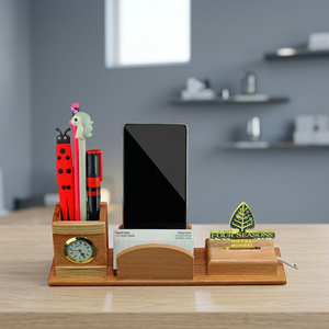 Custom Wooden <b>Phone</b> Charger <b>Stand</b> <b>Desk</b> Organizer with Pen Holder Clock USB Charging Slot Corporate Gift - Product Image 4