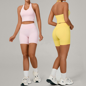 XW-2001 + 9065 vente en gros licou soutien-gorge de sport taille haute sans couture Shorts respirant séchage rapide deux pièces ensemble de gymnastique femmes - Product Image 1