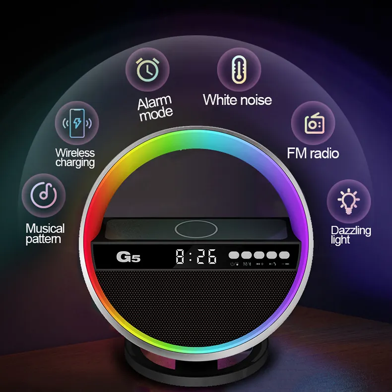 G5 휴대용 무선 음악 스피커 RGB 블루투스 연결 미니 TWS 무선 충전기 시계 알람 라디오-홈 오피스 용