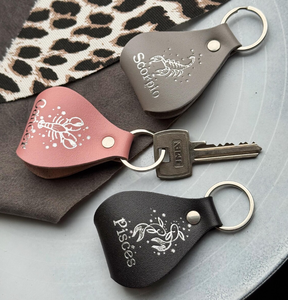 Leather Zodiac Keychain Horoscope Signs Metal Ring Genuine Leather Astrological Key Fob