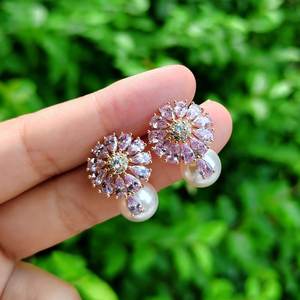 S925 Pure Silver French Luxury <b>Earrings</b> with Diamonds <b>Pink</b> Zircon Flowers <b>Pearl</b> Shell-Elegant Stylish Set - Product Image 1