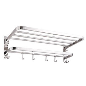 Mensole Moderne per Bagno in Acciaio Inox 304, <span class=keywords><strong>Portasciugamani</strong></span> Pieghevole a <span class=keywords><strong>Doppio</strong></span> Strato con 5 Ganci Mobili - Product Image 2