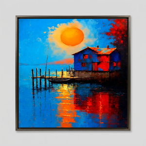 Tableau sur toile acrylique abstrait moderne, paysage tropical au coucher du soleil, peint à la main, bateau au coucher du soleil, toile texturée, art d'intérieur - Product Image 1