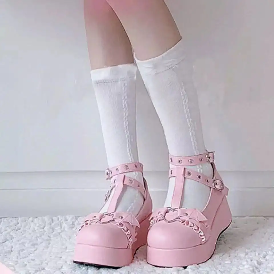 Lolita-zapatos de tacón alto con plataforma para mujer, botas de cuero para Cosplay, tallas grandes 43, color rosa