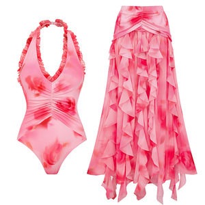 Women 2 Piece Swimwear Set Halter Ruffle Trim V Neck Front Ruched One Piece <b>Swimsuit</b> With Layered Ruffle <b>Long</b> Skirt Wholesale - Product Image 1