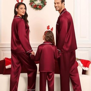 Ensemble de pyjamas en satin doux assortis pour la famille, polyester, rouge vin, manches longues, vêtements de nuit pour adultes et enfants, vêtements de maison pour les vacances - Product Image 2