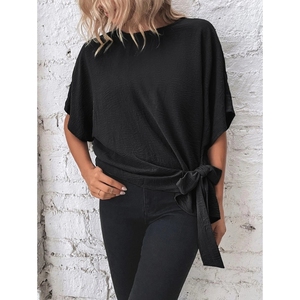 Nouveau T-shirt ample pour femme à manches chauve-souris et ourlet noué, couleur unie, tendance été - Product Image 3