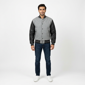 Customizable High Street Varsity Winter <b>Jacket</b> Stand Collar Front Breathable Green Body <b>White</b> Leather Sleeves for <b>Men</b> Adults - Product Image 1