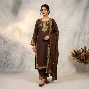 Ensemble de vêtements indiens et pakistanais brodés marron, longue kurta, palazzo, dupatta, collier à pompons pour les occasions cérémonielles - Product Image 1