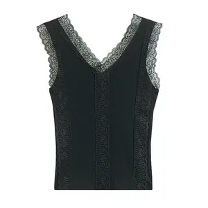 wholesale custom logo black summer corset crop sleeveless slim fit polyester Sexy V-neck knitted lace women tank top vest
