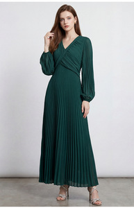 PY 2026 New Arrival Casual Miyake Pleated Dress Fashion V-Neck Lantern Sleeve Pleated Tiered Maxi Dress Bulk Clothing Wholesale - Product Image 5