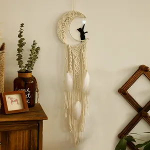 Boho Hand-woven Moon Dreamcatcher Macrame Wall Hanging Black Cat Crystal Pendant Tapestry Family Gift Home Decor