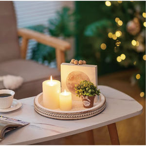 Plateau en bois rustique de style fermier, rond, <span class=keywords><strong>blanc</strong></span>, perlé, décoratif, plateau de service pour <span class=keywords><strong>table</strong></span> <span class=keywords><strong>basse</strong></span>, Ramadan, logo personnalisé - Product Image 3