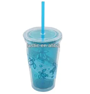 16OZ Plastic Double wall Straw Cup with Photo insert