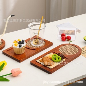 Japanese Style Wooden <b>Tray</b> <b>Tea</b> Serving Rectangular With Woven Insert For Hotel Restaurant Dessert Sushi Platter - Product Image 2