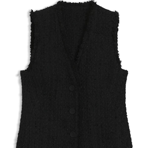 Chaleco de Tweed Negro con Dobladillo Deshilachado, Cuello en V y Botones Frontales, Sin Mangas - Elegante Chaleco para Combinar en Capas para Oficina y Uso en Todas las Estaciones - Product Image 5