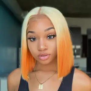 Synthetic Wigs Long Straight Orange Gradient Bob Wigs for Women Pink Orange Cosplay Wigs Natural Hairline Hair