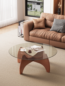 Table basse moderne en verre trempé rond avec base en bois, design mid-century, meubles de salon - Product Image 1