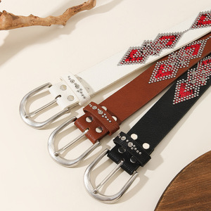 Custom Leather Belt Cow Hide Geometric Pattern Rhinestone Inlaid Silver <b>Pin</b> Buckle Durable Casual Ethnic Style One Piece Molding - Product Image 2