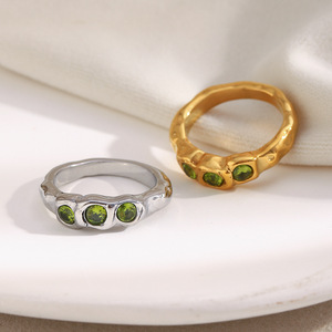 Anillos Apilables para Mujer, Diseño Vintage, Textura Arrugada, Zirconia Verde, Acero Inoxidable, Chapado en Oro, Mini, Estilo Cold Wind, Personalizados - Product Image 5