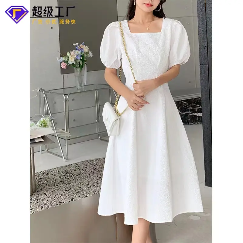 Vestido longo feminino estilo igreja com babado A401 branco, vestidos casuais de verão, novo tecido natural suíço simples com garantia comercial