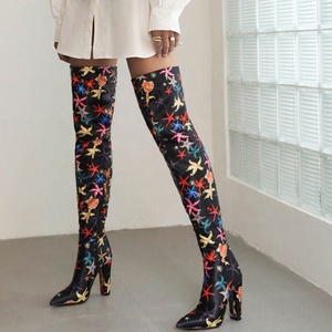 Botas Altas Negras con Estampado Lindo para Mujer, Tacones Cuadrados Altos, Botines Largos por Encima de la Rodilla, Zapatos para Pies Anchos - Product Image 1