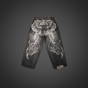 Men's Distressed Printed Denim Jeans Mid Waist Heavyweight Straight Leg Baggy Fit Raw Edge High Street Hip Hop Casual <b>Pants</b> - Product Image 4