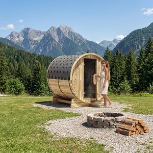 Sauna de barril de madera maciza para exteriores, diseño rústico, calefacción a leña, sin necesidad de electricidad, para escapadas naturales. - Product Image 1