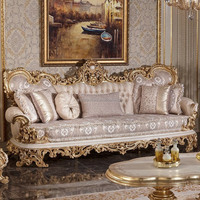Ensemble de canapés en bois de style européen, luxe, feuille d'or, design traditionnel, meubles de maison, tissu sculpté, forme carrée, pour salon