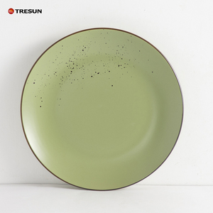 Service de table en céramique verte 16 pièces, vaisselle ronde en grès 16 pièces avec bordure marron, assiettes et bols pour service à domicile - Product Image 2