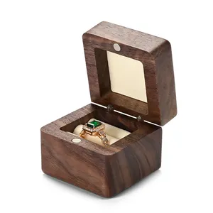 FANXI SM209 Custom Logo Square Wood Ring Box Packaging Luxury Gift Ring Case Wedding Jewelry Display Storage Box