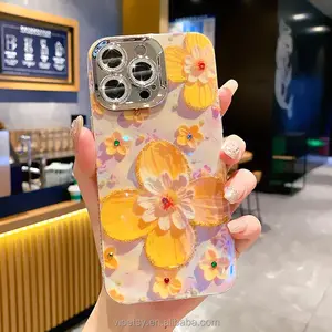 2024 nuevo creativo 3D patrón de flores aceite flor moda teléfono case15promax 14pro lente película 13 12 11 a prueba de caídas 15Plus para iPhone