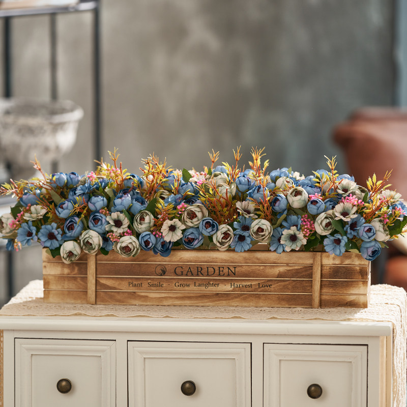 Boîte en bois longue 50cm-roses bleues