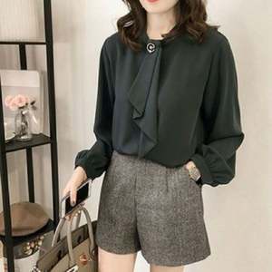 2022 도매 여성 여자 긴 퍼프 슬리브 셔츠 금속 반지 스탠드 칼라 넥타이 단색 쉬폰 한국 상의 캐주얼 셔츠 - Product Image 5