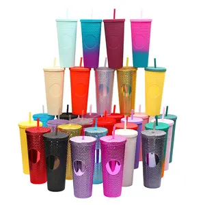 2024 phổ biến tái sử dụng uống cup đôi tường nhựa nước trái cây cốc cà phê 24oz Studded cốc với rơm