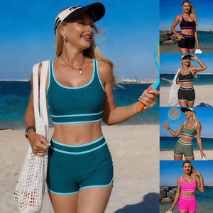 Maillot de bain deux pièces pour femmes, couleur unie, col rond, ensemble haut court pour la natation, les sports nautiques, vêtements de plage - Product Image 1