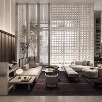 Suite de mobilier sur mesure pour chambre d'hôtel étoilé, lit double plateforme avec placard intégré et comptoir de travail