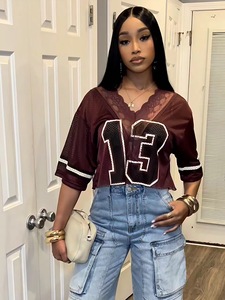 Maglietta sportiva Casual in <span class=keywords><strong>pizzo</strong></span> Patchwork con scollo a V in <span class=keywords><strong>maglia</strong></span> <span class=keywords><strong>corta</strong></span> da donna - Product Image 3