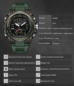 SANDA 6252 นาฬิกาอิเล็กทรอนิกส์หน้าปัดขนาดใหญ่แบบจอแสดงผลคู่สุดเท่ทันสมัย ​​นาฬิกาข้อมือเรืองแสงสำหรับกีฬากลางแจ้งแบบกันน้ำ - Product Image 2